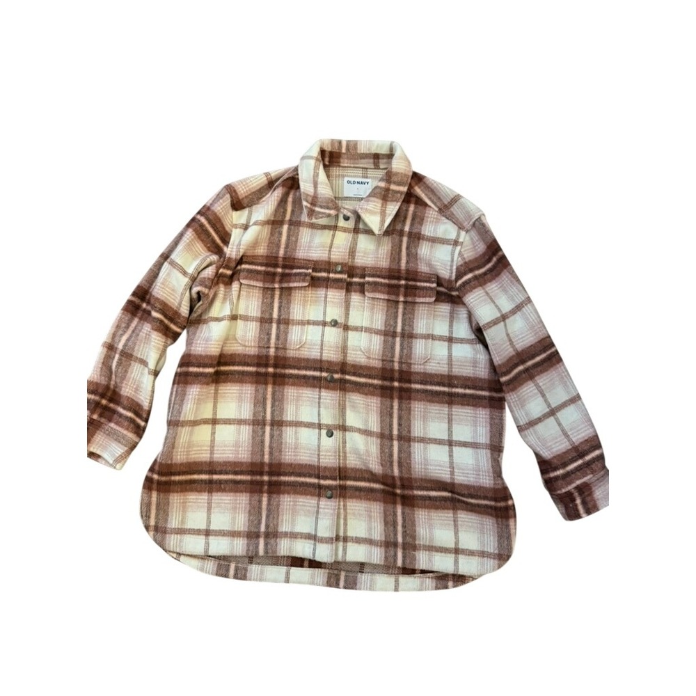 Old Navy Womens Plaid Flannel Shacket Brown Cream Snap Front Shirt Jacket Large